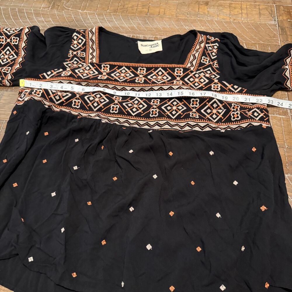 Savanna Jane Womens 2X Black Embroidered Peasant Top Boho Square Neck Rayon - Picture 5 of 11